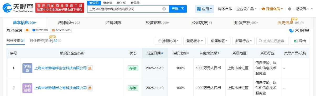 【#米哈游在上海成立两家科技公司#】